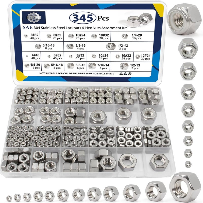 ZQZ 345 Pack SAE Hex Nut & Locknuts Assortment Kit,4#40 6#32 8#32 10#24 10#32 12#24 1/4-20 5/16-18 3/8-16 7/16-14 1/2-13 1/4-20 304 Stainless Steel Standard Thread Nylon Insert Lock Nuts Set - Image 1
